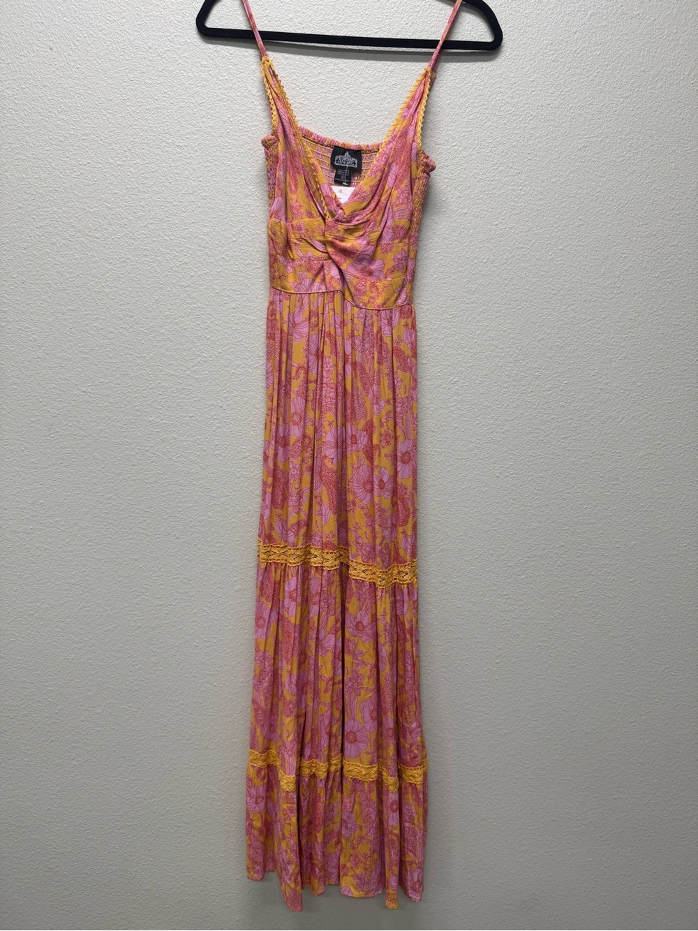 NWT Angie Pink and Yellow Floral Maxi Dress with Lace Accents, Multiple Sizes